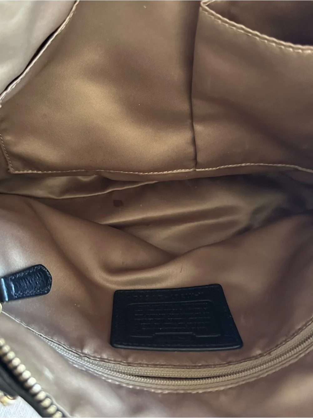 Coach Brown Khaki Signature Canvas Shoulder Tote with Black Trim